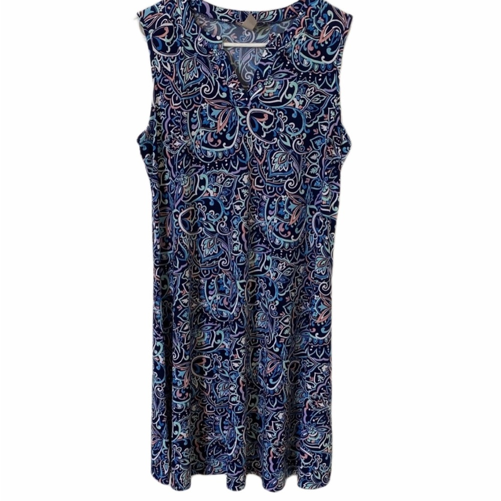 Chico's Navy and Teal Paisley Knit Midi Sleeveless Dress Size 1